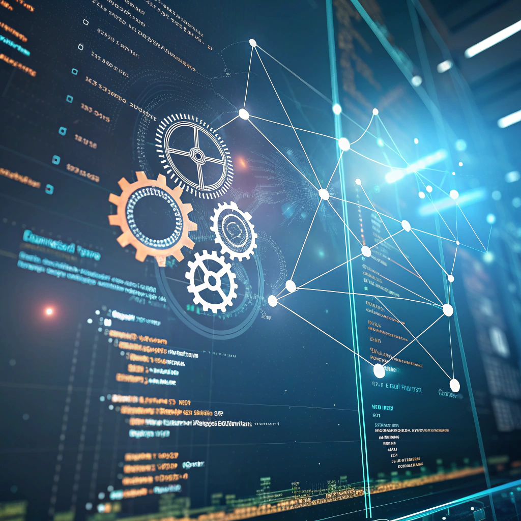 An abstract representation of computer intelligence in web development, featuring online elements like code snippets, gears, and interconnected nodes in a futuristic style.
