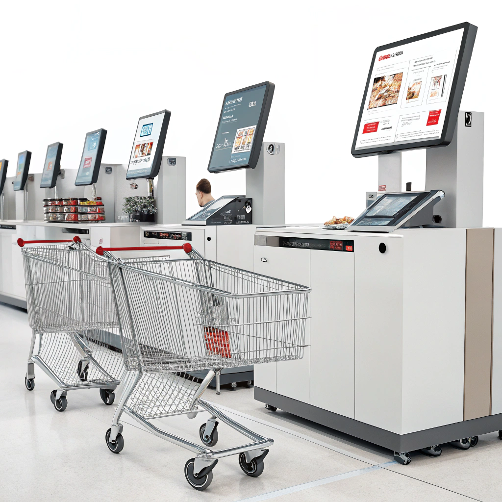 An conceptual image of an automated e-commerce system, with elements like shopping carts, product images, and seamless payment processes depicted in a streamlined manner.