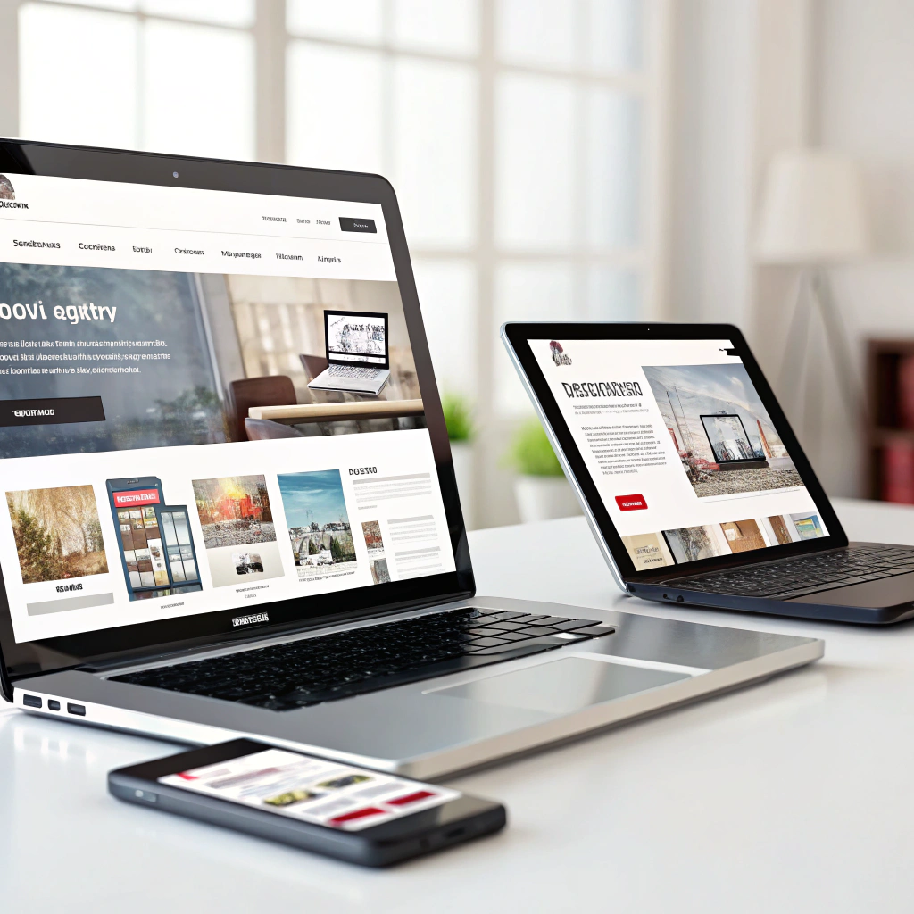 One visually appealing scalable website layout displayed on several devices like smartphones, showcasing adaptability and modern design elements.