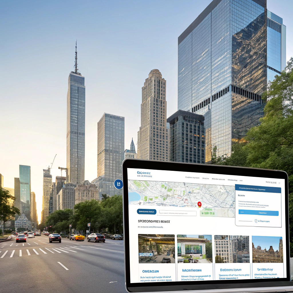 One illustration of a real estate website interface showcasing features like property listings, map integration, and search filters, set against a backdrop of a modern city skyline.